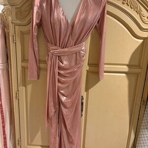 House of CB Pink Long Sleeve Ruched Wrap Dress